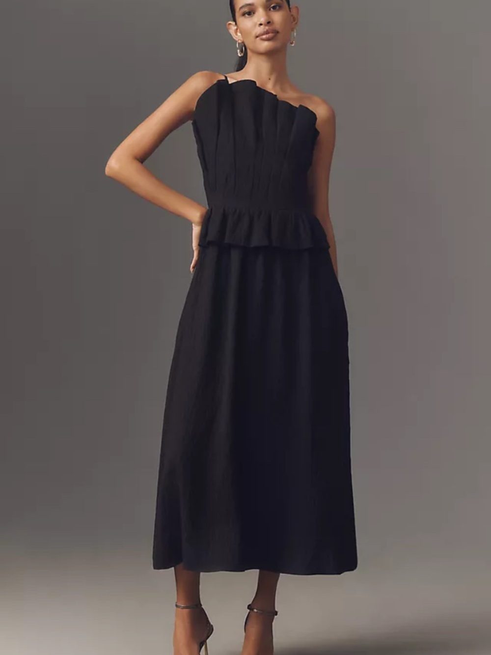 English Factory Pleated Ruffle One-Shoulder Dress in Black (NWT)